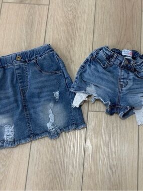 Girls Stylish Denim Shorts with Lace Trim and Distressed Jean Skirt. Size 7